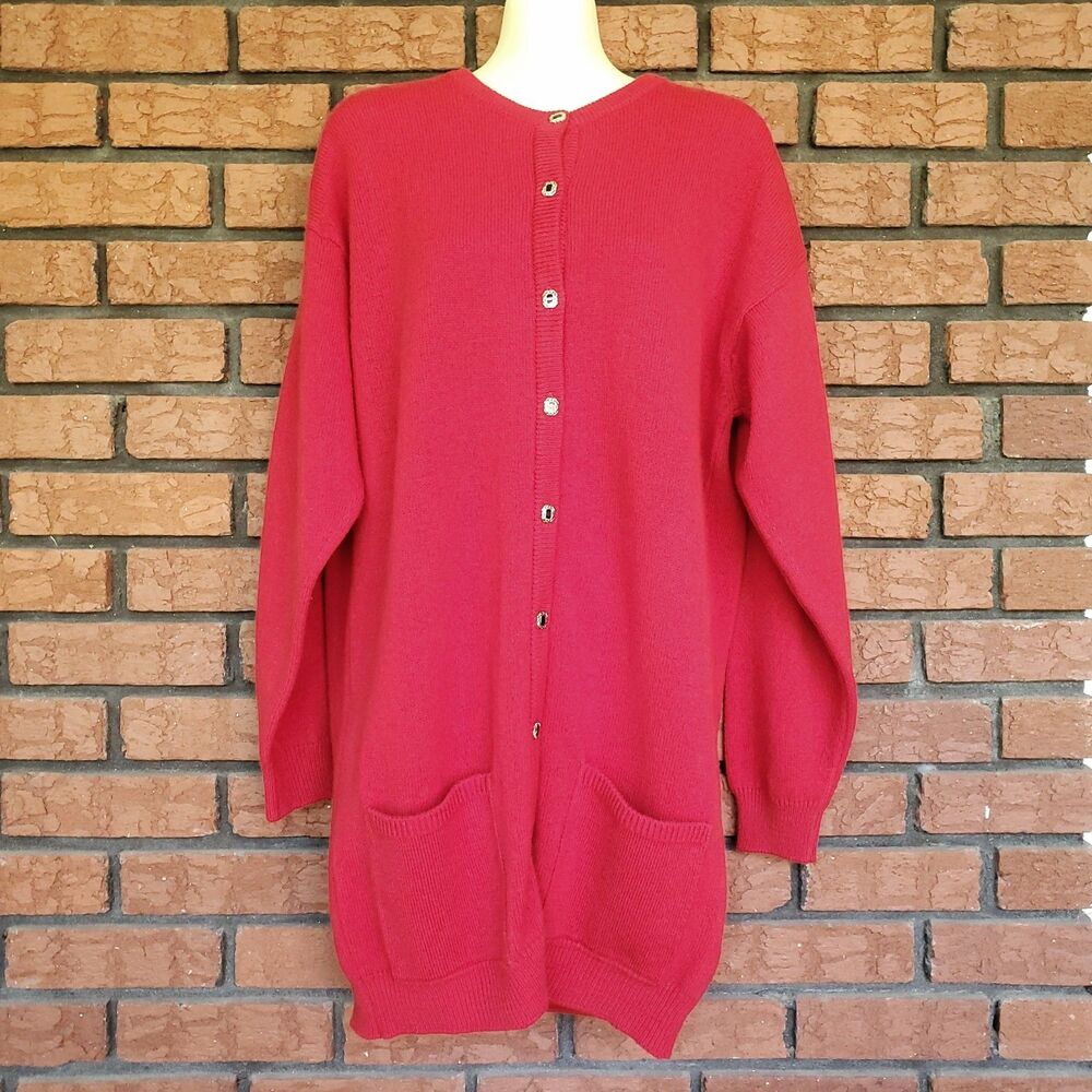 Mackinnon of Scotland Wool Cardigan Sz M Long Red Button Up Lambswool Tunic
